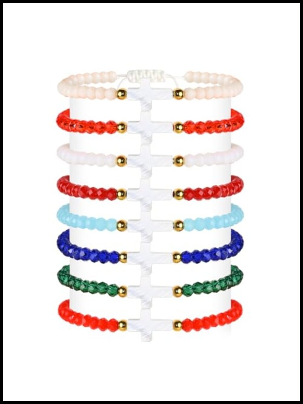 Set of 8 Cross Beaded Bracelets Adjustable Stainless Steel Gold Accents Faith